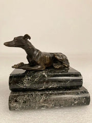 Pair of Regency Bronze Figures of Reclining Whippets on Green Marble Bases