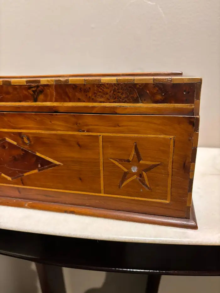19th Century Burl Wood Box With Fruit Wood and Mother of Pearl Inlay