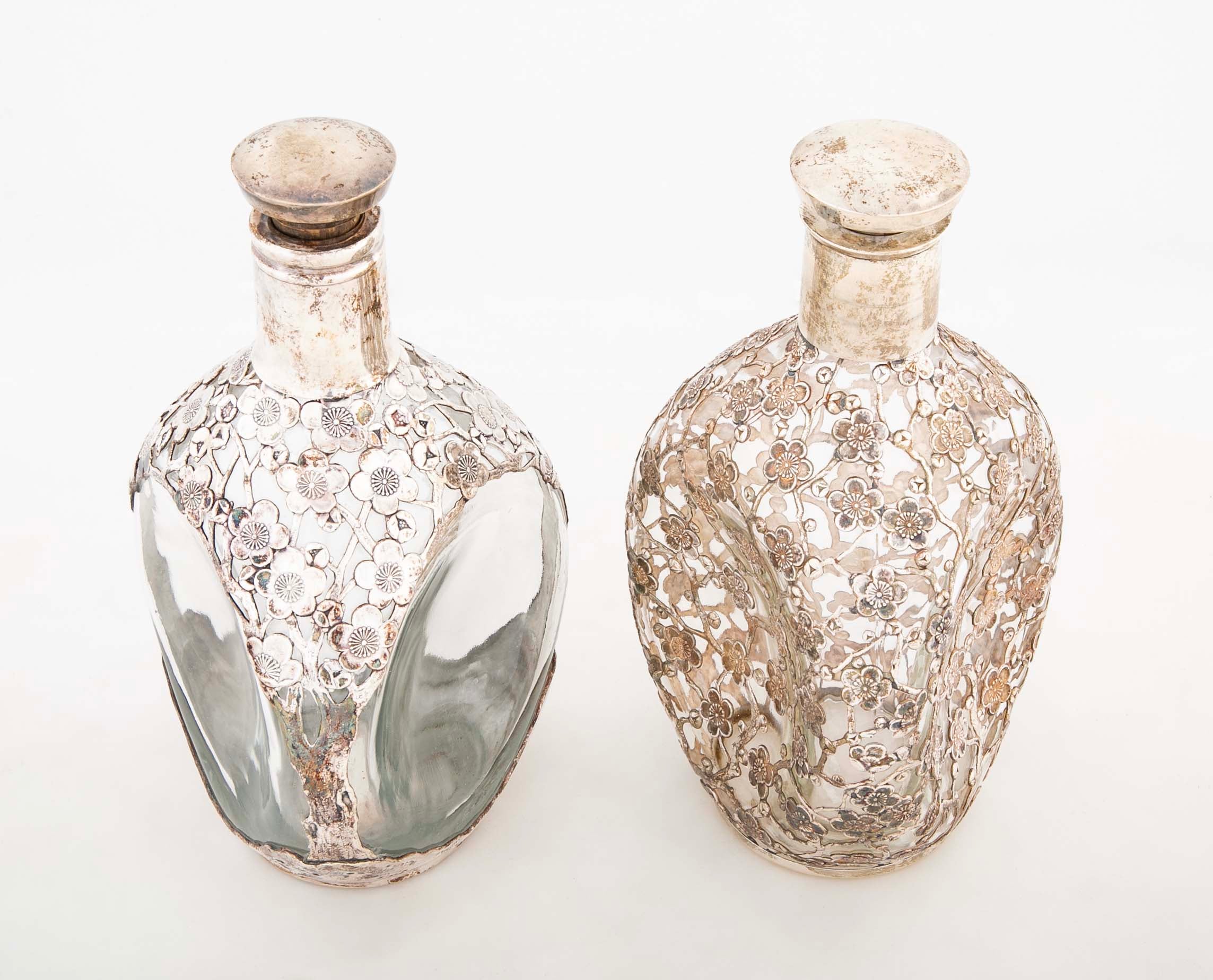 Two Asian Sterling Silver Wine Bottles