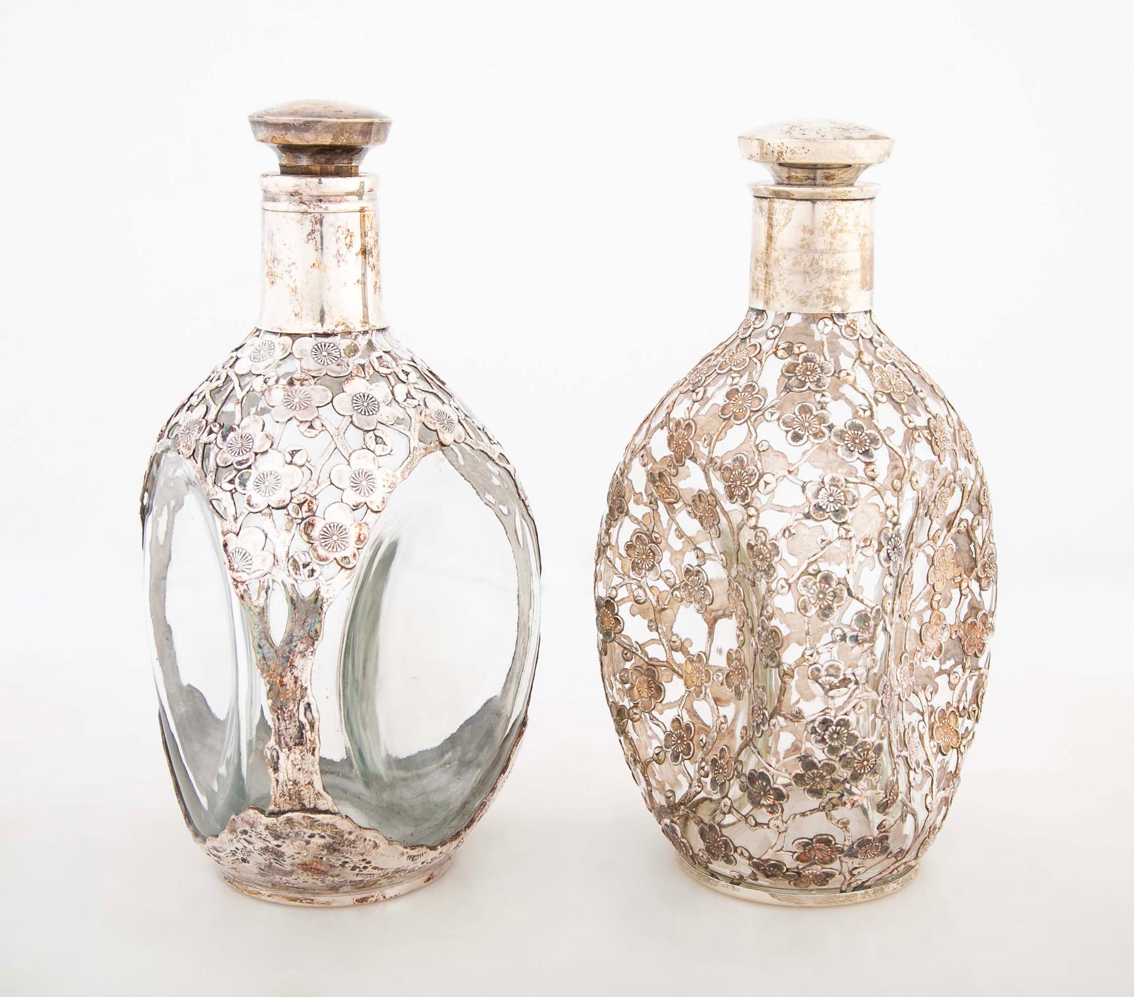Two Asian Sterling Silver Wine Bottles