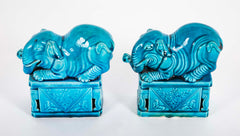 Pair of Rare Chinese 19th Century Blue Glazed Porcelain Elephants
