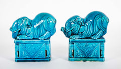 Pair of Rare Chinese 19th Century Blue Glazed Porcelain Elephants