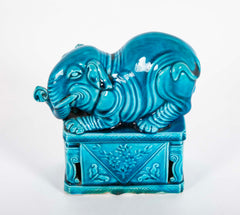 Pair of Rare Chinese 19th Century Blue Glazed Porcelain Elephants