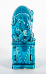 Pair of Rare Chinese 19th Century Blue Glazed Porcelain Elephants