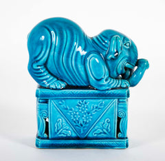 Pair of Rare Chinese 19th Century Blue Glazed Porcelain Elephants