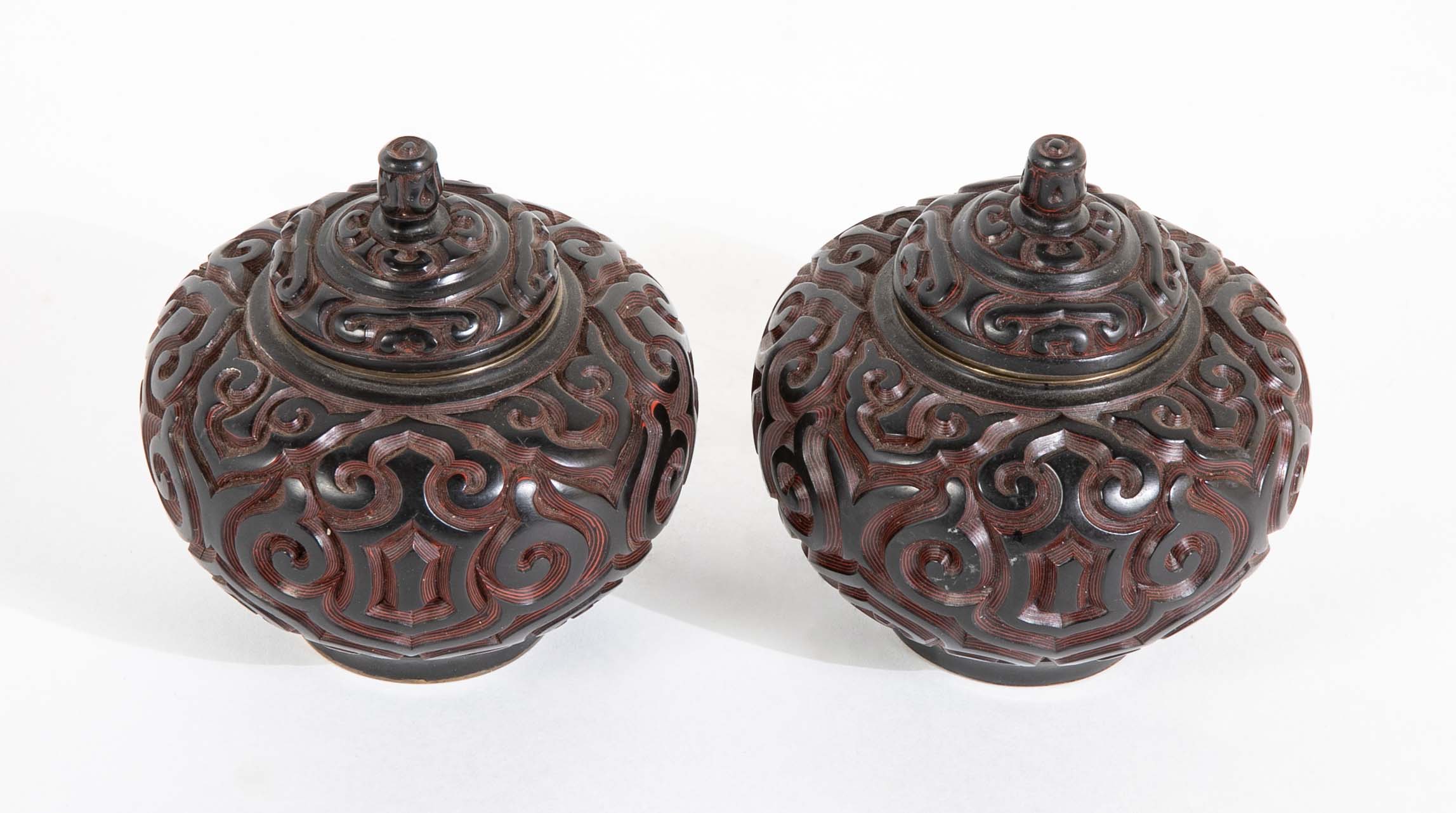 Pair Of Lacquer Jars With Black And Red Lid