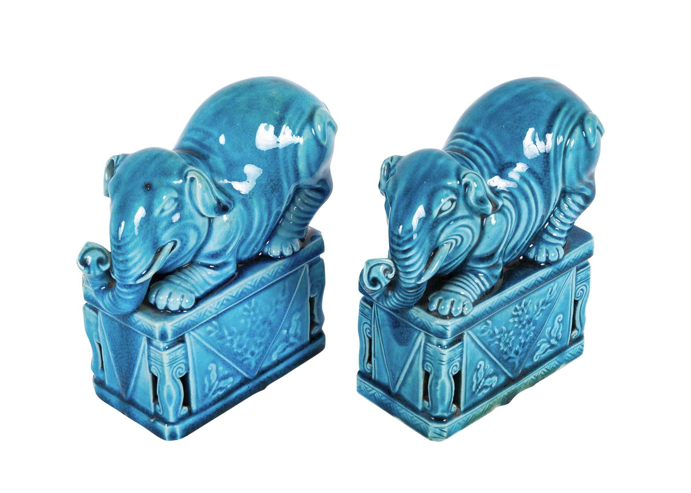 Pair of Rare Chinese 19th Century Blue Glazed Porcelain Elephants
