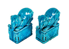 Pair of Rare Chinese 19th Century Blue Glazed Porcelain Elephants