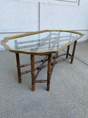 Regency Style Small Scale Brass Frame Glass Top Coffee Table Faux Bamboo Base