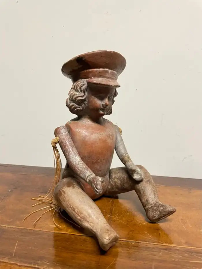 Mexican Terracotta Articulated Doll Figure Wearing a Military Hat