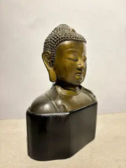 19th Century Bronze Bust of Buddha on a Wooden Base