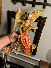 Italian Baroque Painted and Gilt Wood Winged Angel Playing a Violin