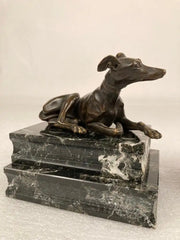 Pair of Regency Bronze Figures of Reclining Whippets on Green Marble Bases