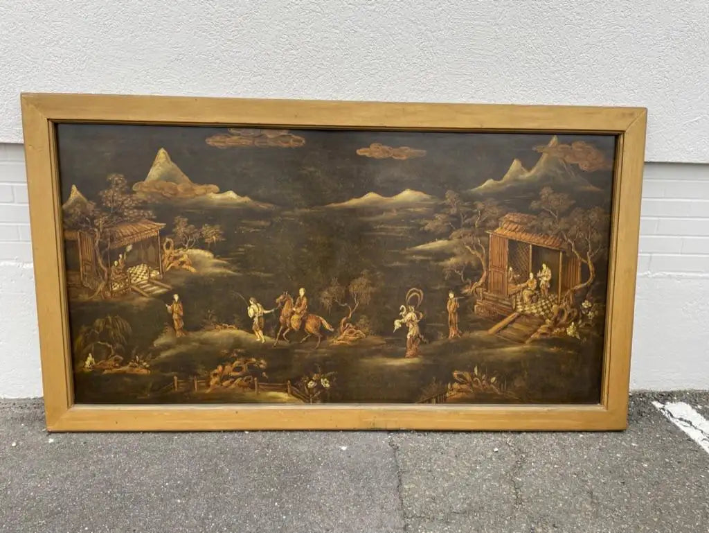 Chinese Painted and Lacquered Panel Landscape with Figures, Large Scale