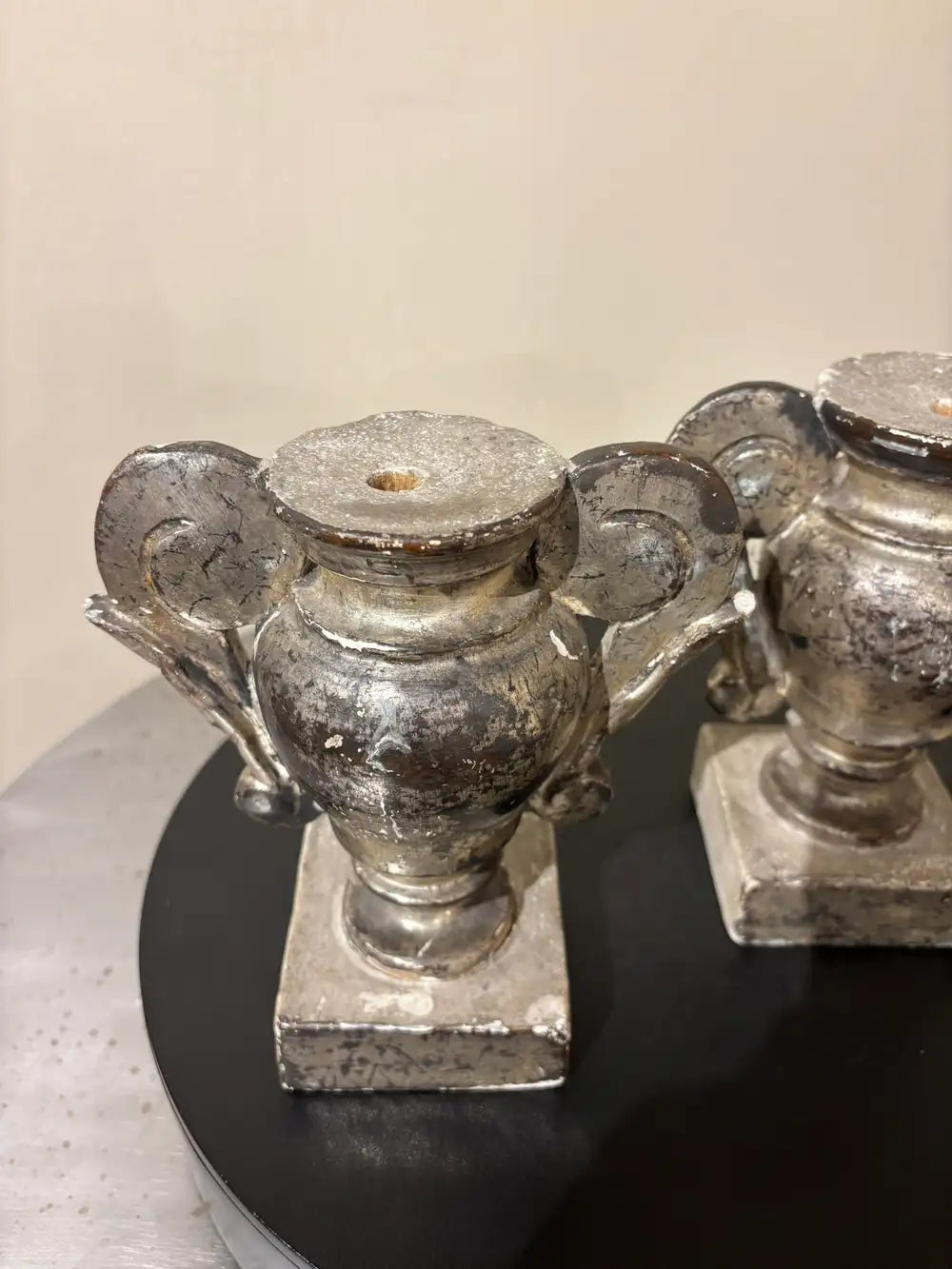 Pair 18th Italian Century Carved Silver Gilt Two Handled Urns