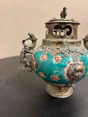 Chinese Qing Glazed Ceramic with Metal Mounts, Monkey, Frogs, Phoenix, Dragons