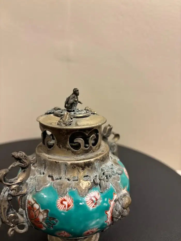 Chinese Qing Glazed Ceramic with Metal Mounts, Monkey, Frogs, Phoenix, Dragons