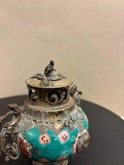 Chinese Qing Glazed Ceramic with Metal Mounts, Monkey, Frogs, Phoenix, Dragons