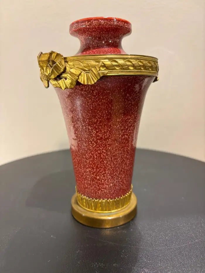 French Louis XVI Style Porcelain Vase Faux Porphyry Glaze Gilt Bronze Mounts