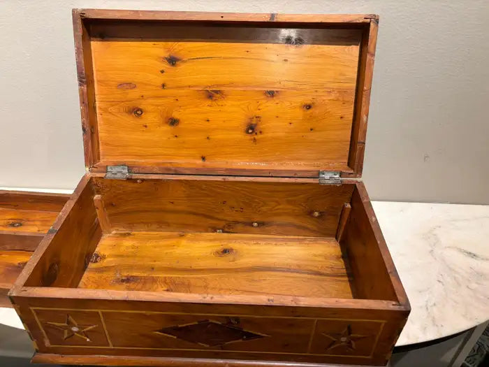 19th Century Burl Wood Box With Fruit Wood and Mother of Pearl Inlay