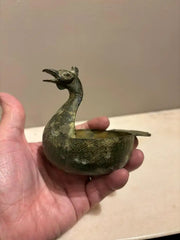 Chinese Archaistic Duck Form Dish with Incised Decoration Verdigis Patina