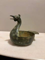 Chinese Archaistic Duck Form Dish with Incised Decoration Verdigis Patina