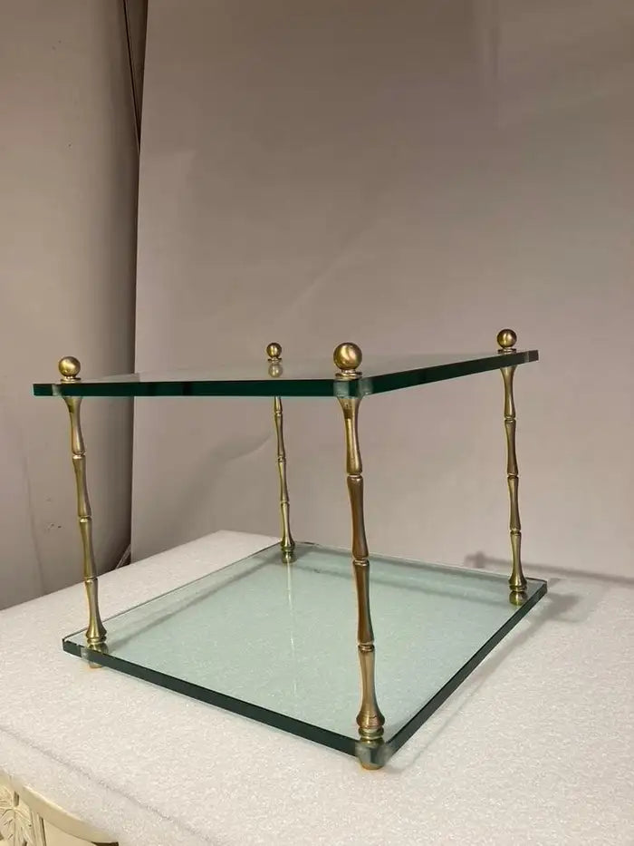PairItalian Mid Century Modern Faux Bamboo Glass and Brass Side Tables