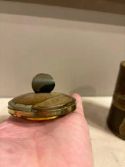 Italian Agate Hard Stone Round Box with Lid and Brass Mounts