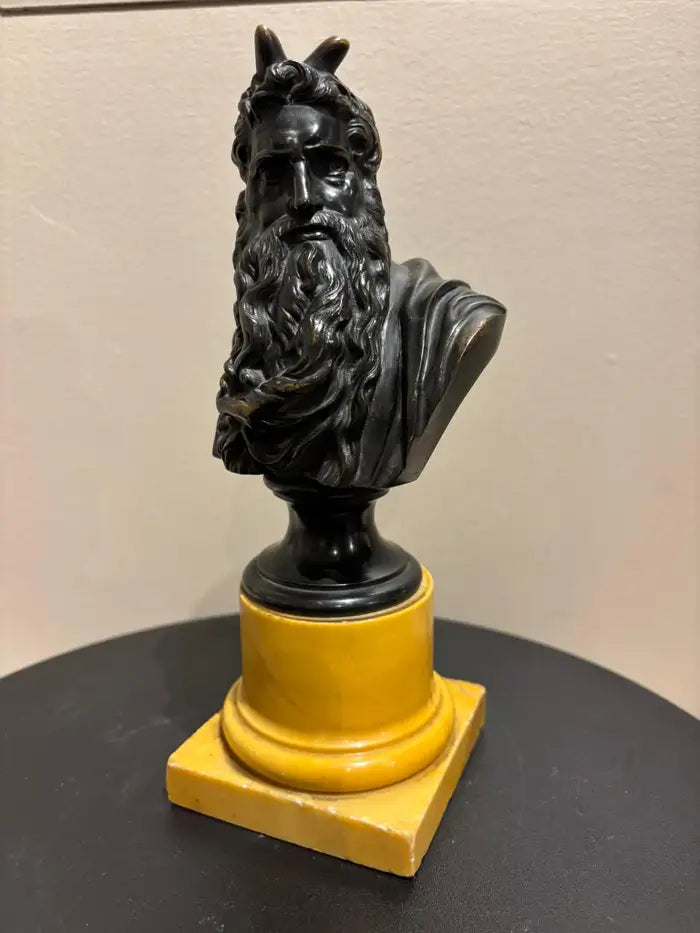 Signed Bronze Bust of Moses on a Sienna Marble Base, After Michelangelo