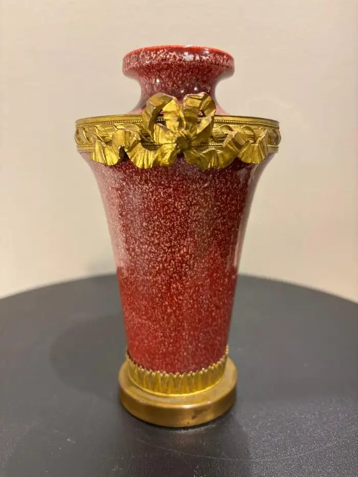 French Louis XVI Style Porcelain Vase Faux Porphyry Glaze Gilt Bronze Mounts