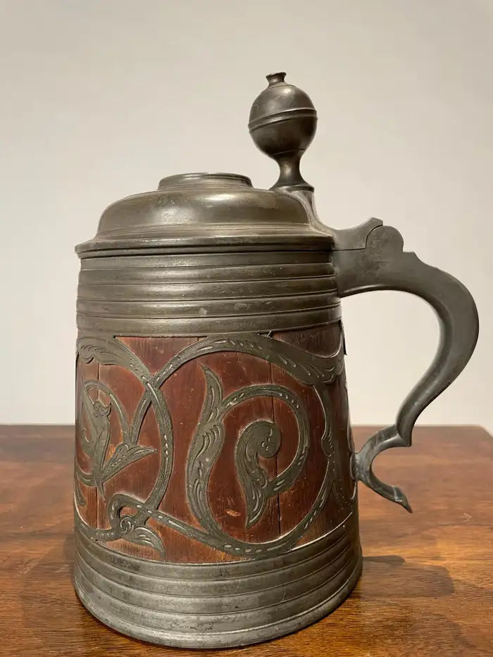 19th Century Swedish Oak and Pewter Tankard With King Carl XV Coin