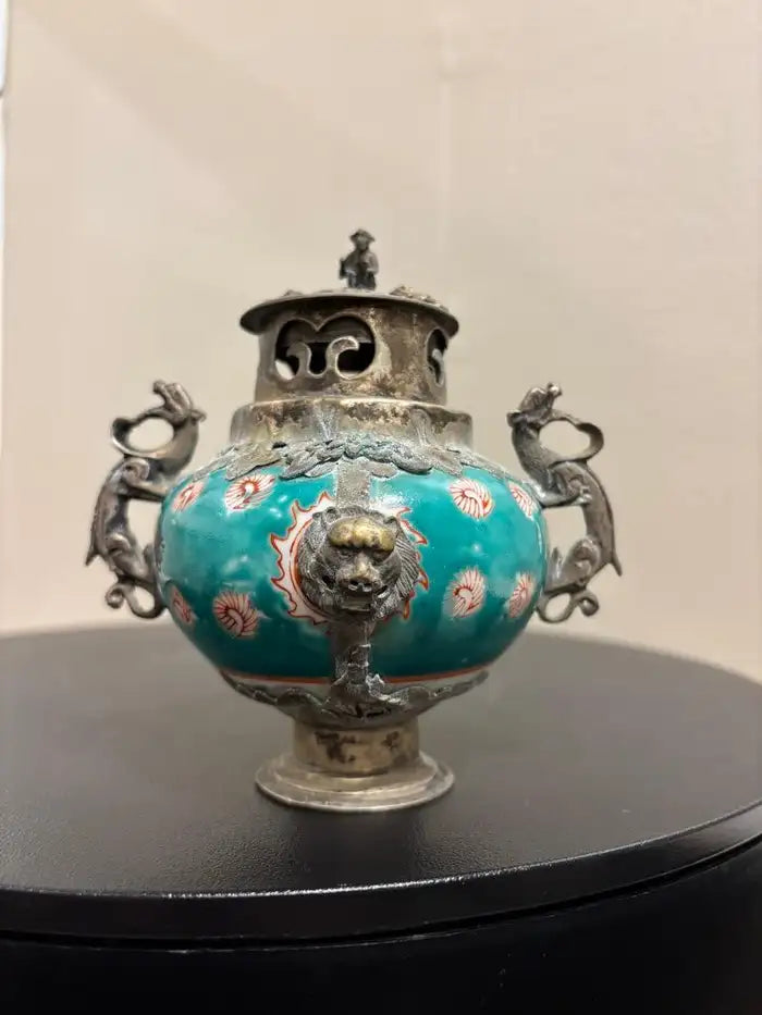 Chinese Qing Glazed Ceramic with Metal Mounts, Monkey, Frogs, Phoenix, Dragons