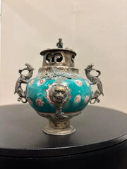 Chinese Qing Glazed Ceramic with Metal Mounts, Monkey, Frogs, Phoenix, Dragons