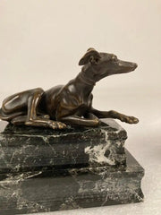 Pair of Regency Bronze Figures of Reclining Whippets on Green Marble Bases