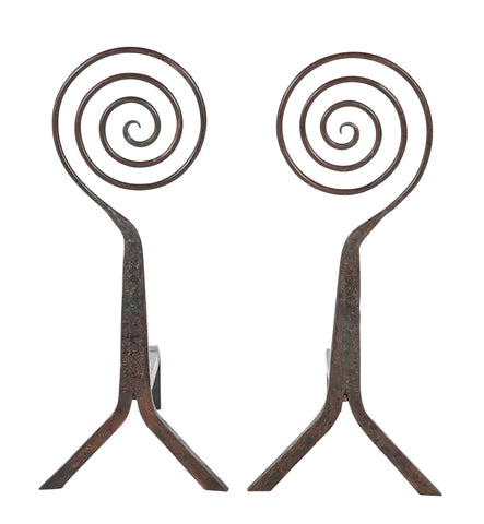 A Pair of Flat Spiral Form Iron Andirons