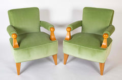 Pair of French Blond Wood Upholstered Armchairs