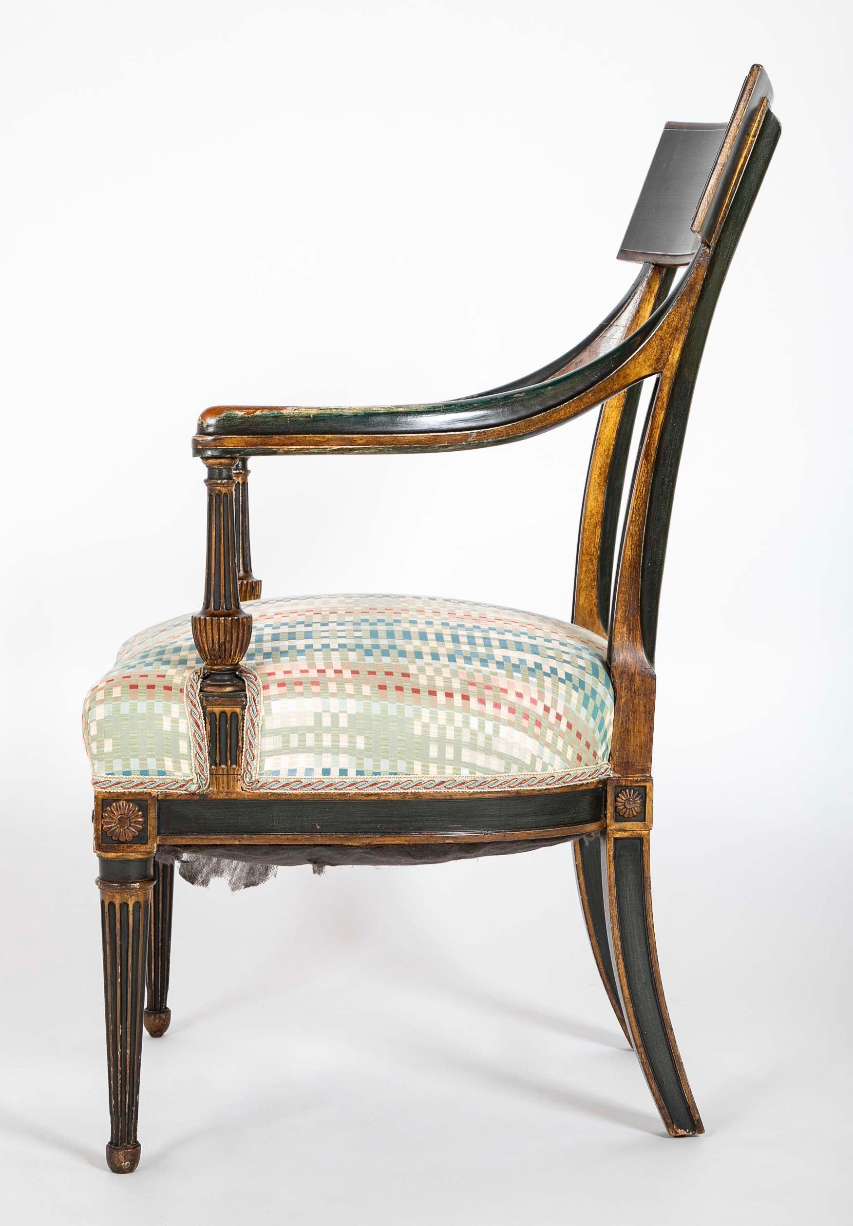 French Early 19th Century Gilt and Green Painted Directoire Armchair