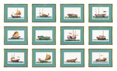 Set of 12 Gouaches of Chinese Junks and Other Vessels by Youqua