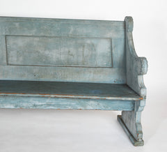 A Late 19th Century American Curved Blue Painted Settle Bench