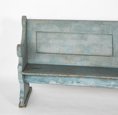 A Late 19th Century American Curved Blue Painted Settle Bench
