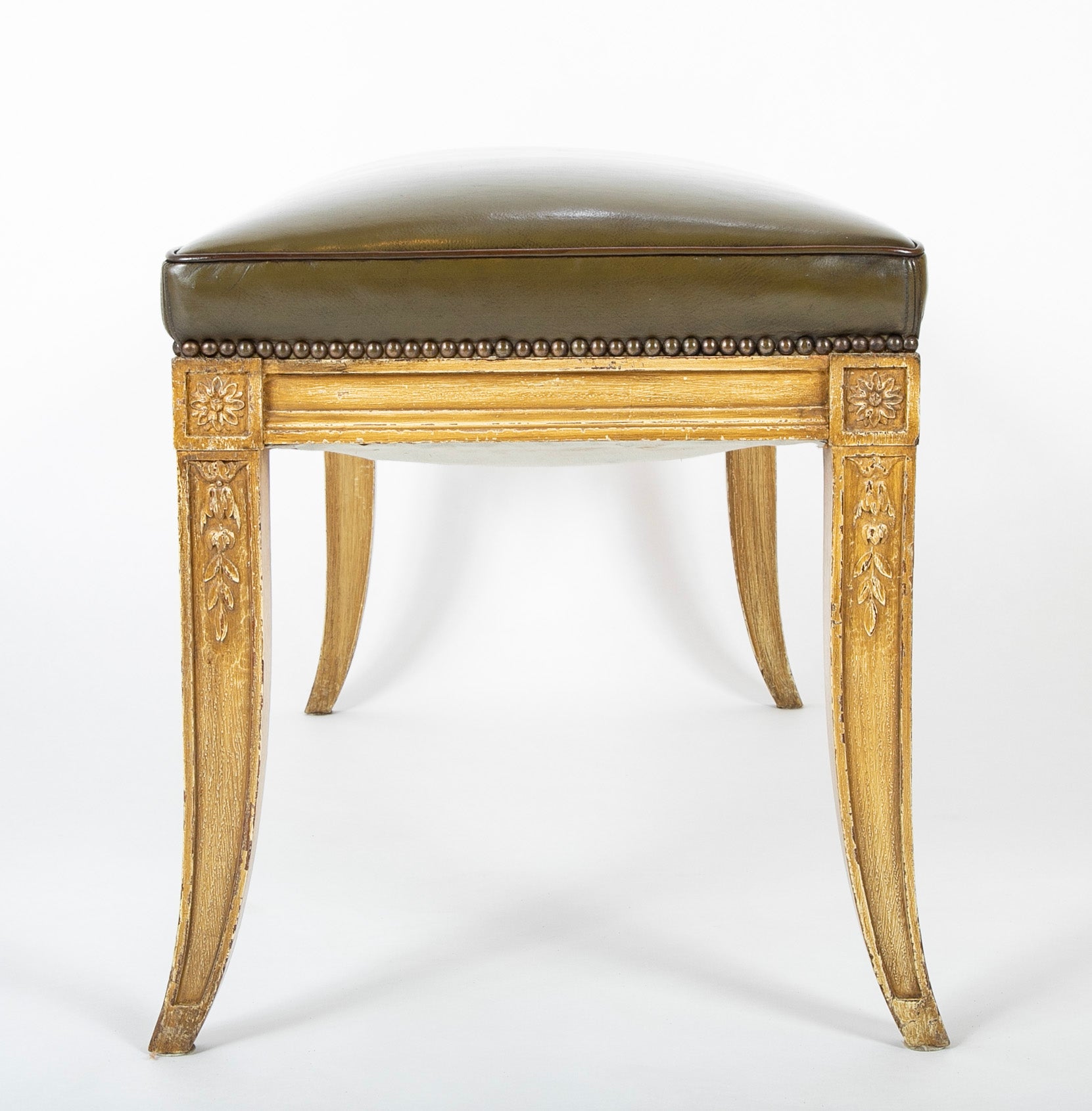20th Century Directoire Style Carved Wood Bench with Leather Seat
