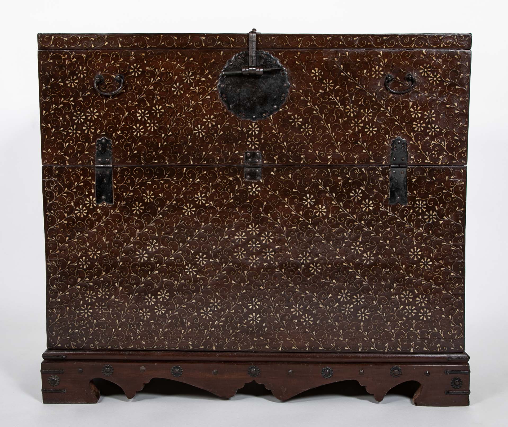 Chestnut Korean Palace Blanket Chest with Brass & Abalone Inlay