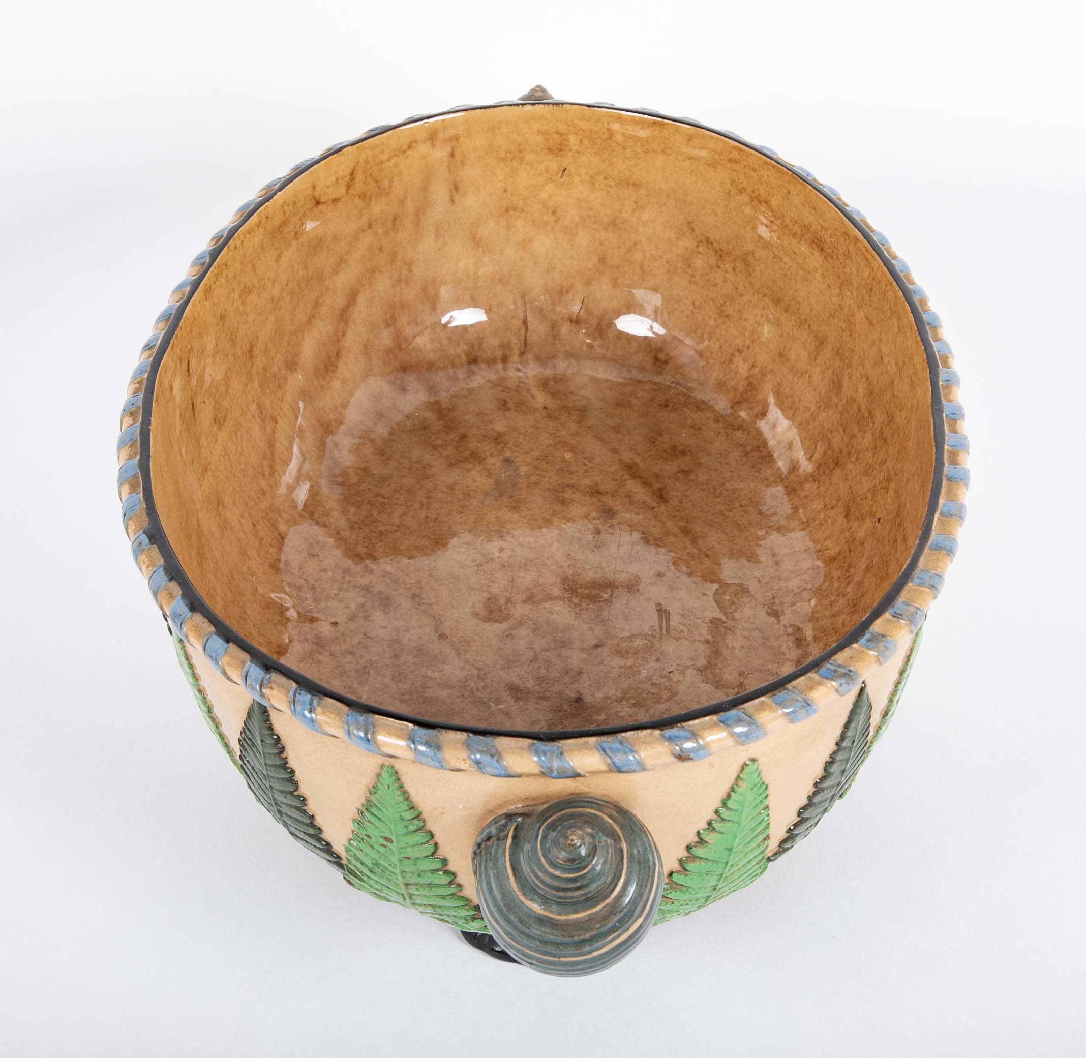 Majolica Slip Glazed Oval Jardiniere With 4 Scrolled Feet And Applied Shell Handles With Green Ferns