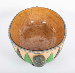 Majolica Slip Glazed Oval Jardiniere With 4 Scrolled Feet And Applied Shell Handles With Green Ferns