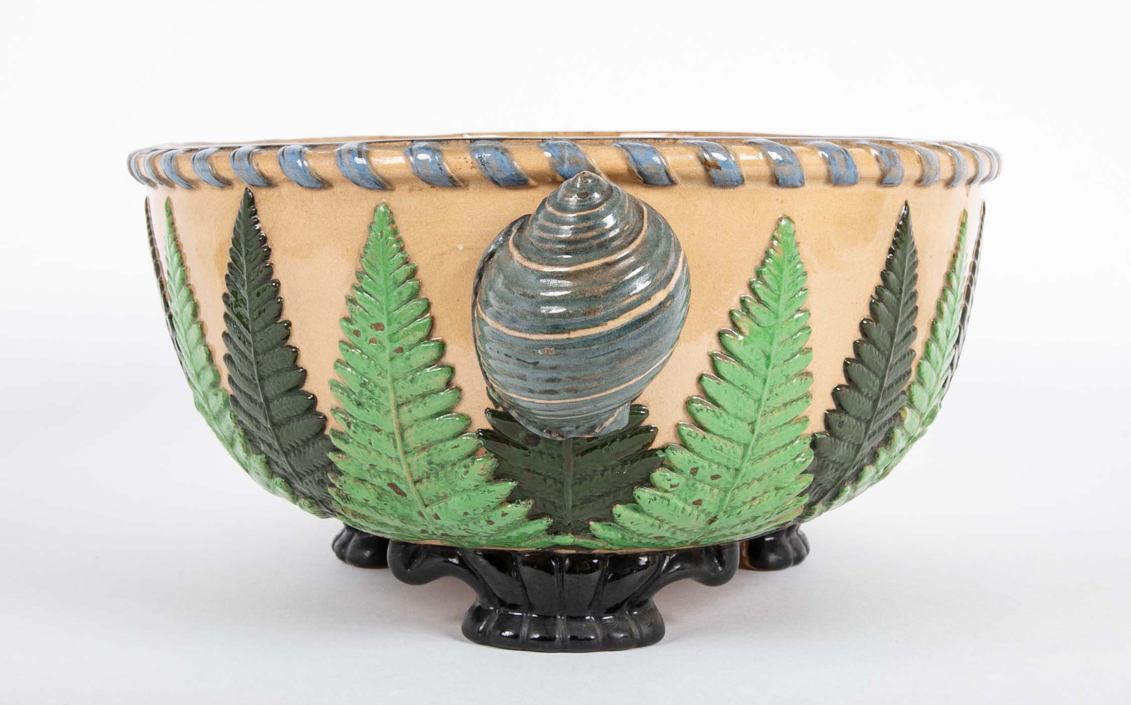 Majolica Slip Glazed Oval Jardiniere With 4 Scrolled Feet And Applied Shell Handles With Green Ferns