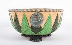 Majolica Slip Glazed Oval Jardiniere With 4 Scrolled Feet And Applied Shell Handles With Green Ferns