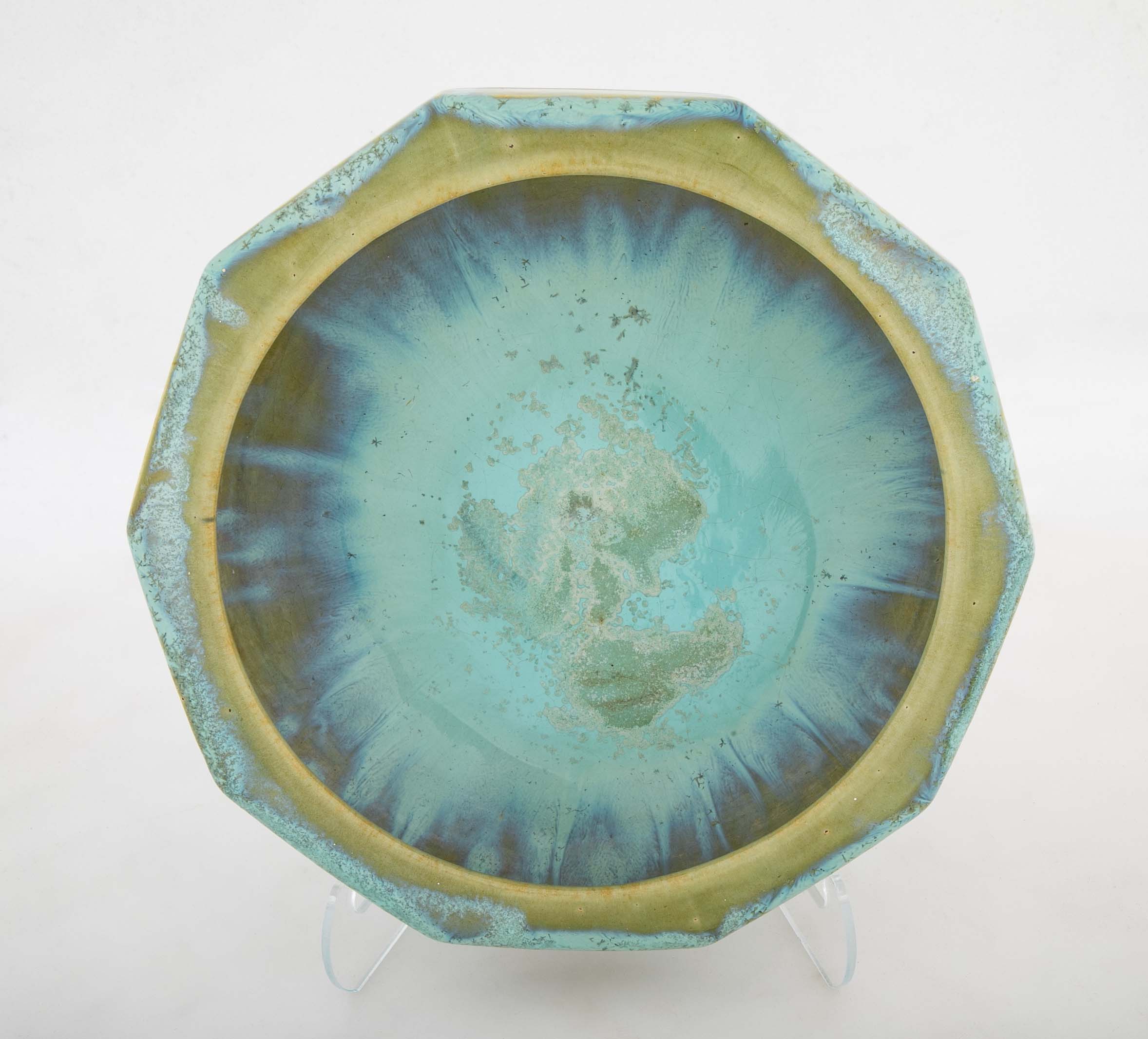 10 Sided Fulper Pottery Bowl With Pale Blue Over Lime Green Glaze