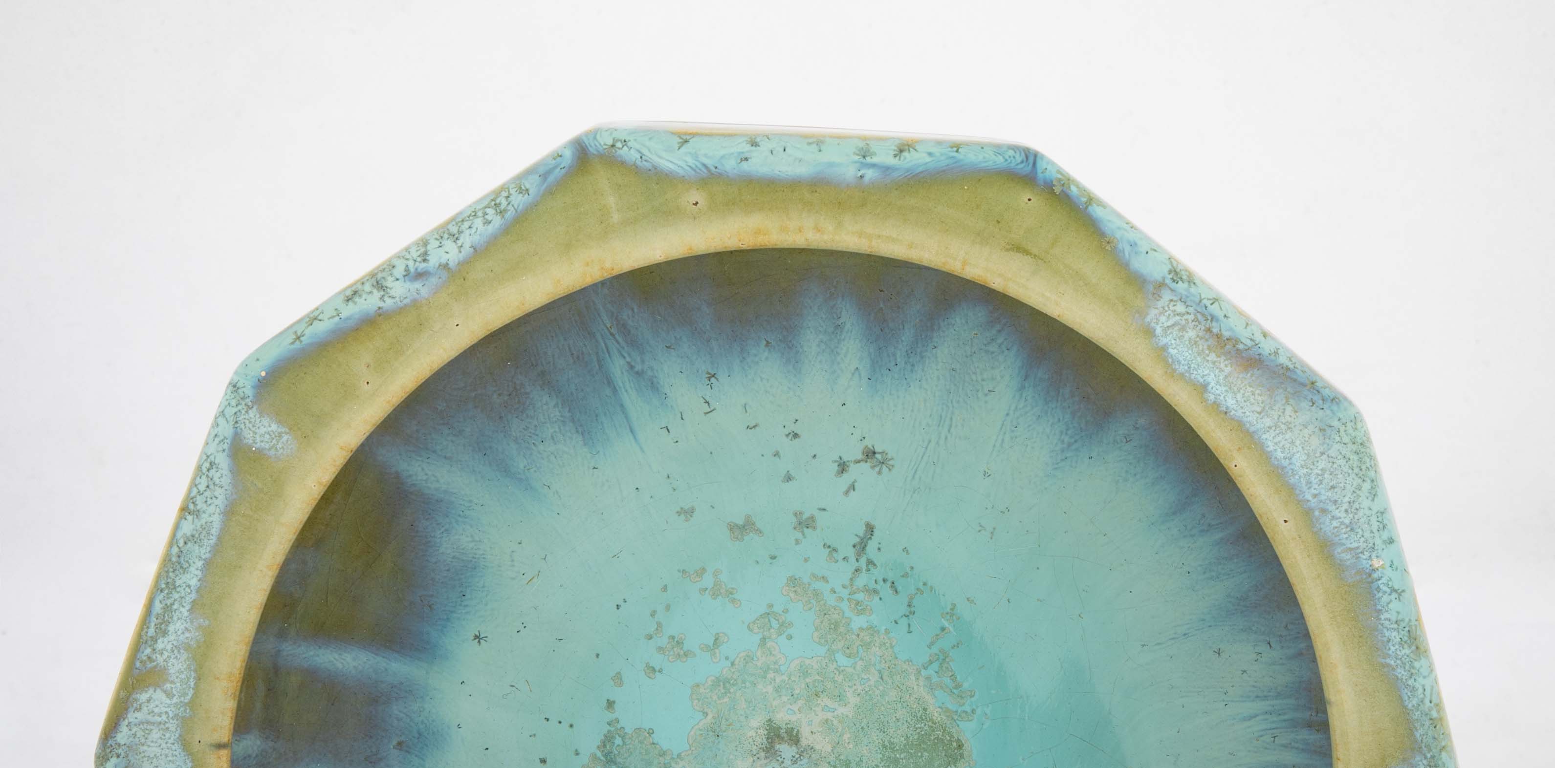 10 Sided Fulper Pottery Bowl With Pale Blue Over Lime Green Glaze