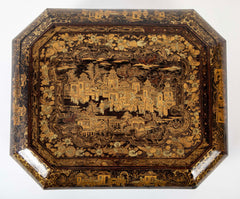 19th Century Chinese Black with Gilt Lacquerware Game Box