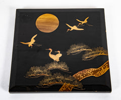 Japanese Gilt and Black Lacquer Box with Cranes Above Pine Tree Decor